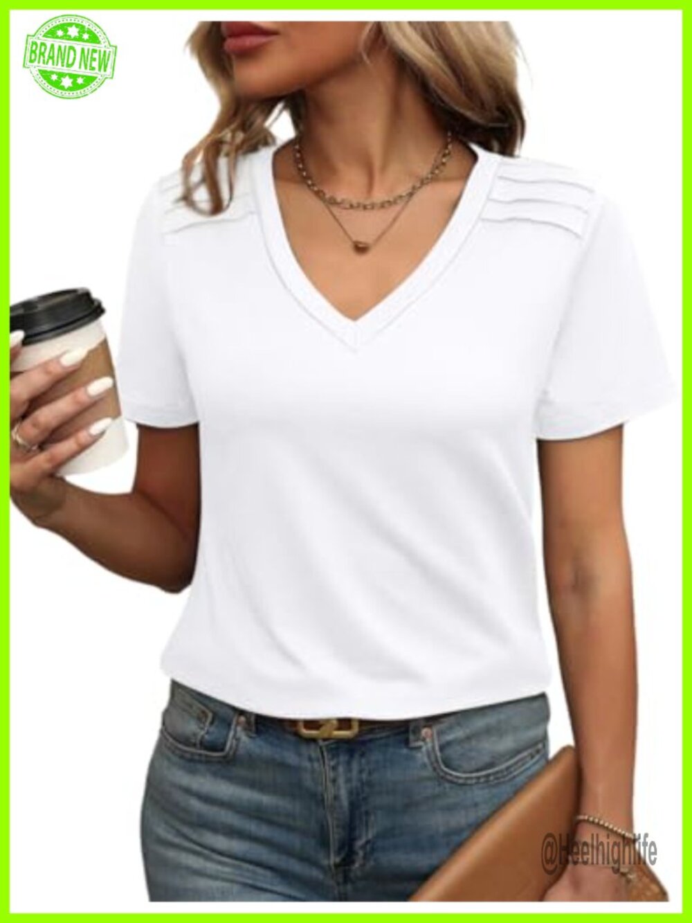 Womens V Neck Pleated Shoulder Blouse Short Sleeve Loose Fit Top